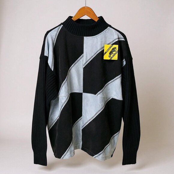 Trutis By Monbeak Patchwork Sweater With Ribbed Knit Sleeves & Mock Neck Size L - Picture 1 of 8